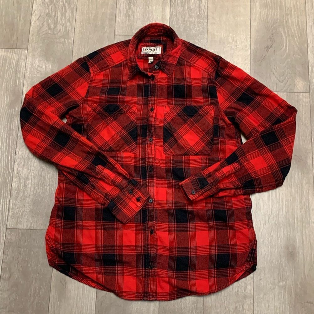 Womens Express Boyfriend Black Red‎ Plaid Flannel Button Down Shirt